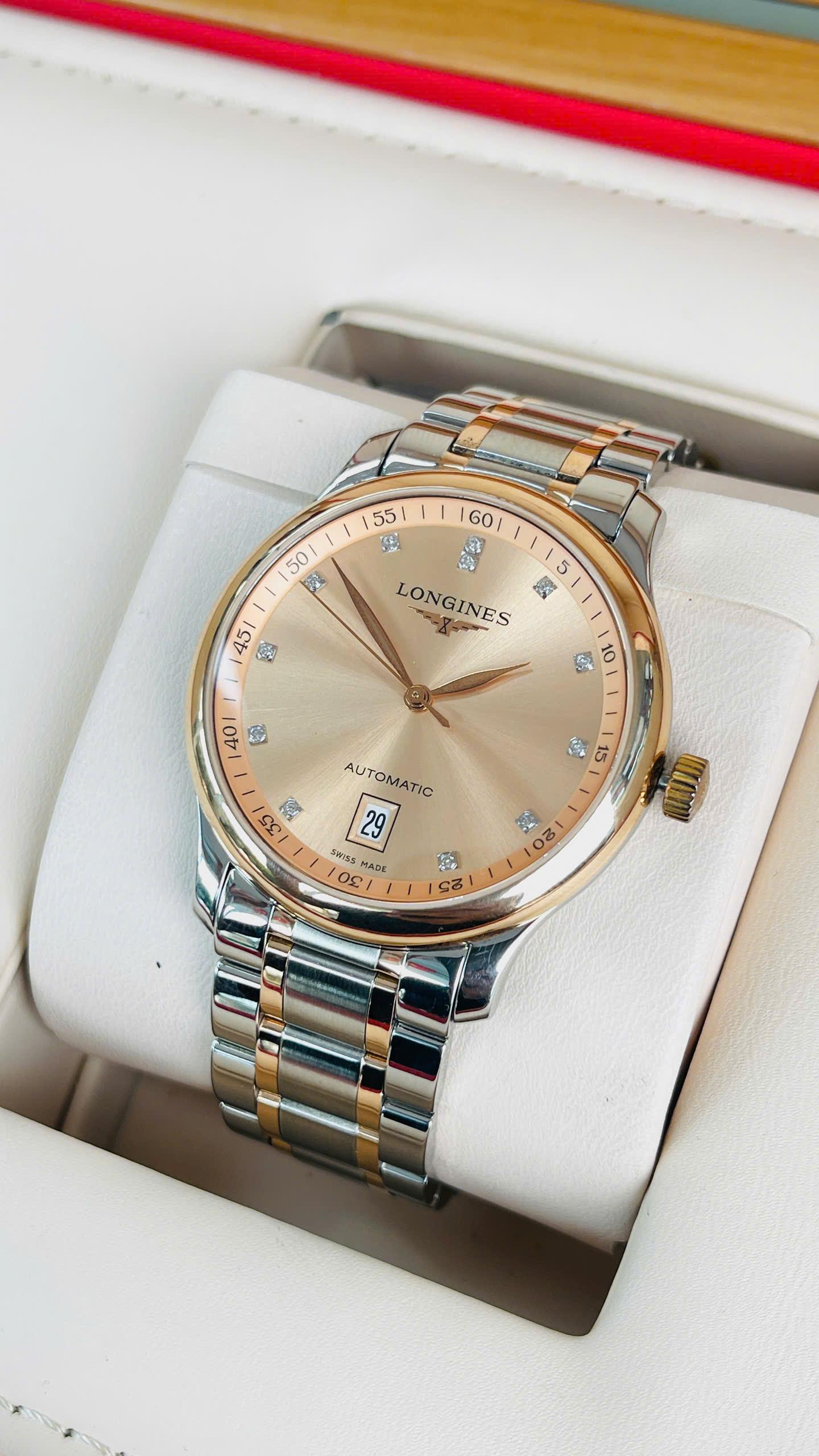 Longines Master Diamond Rose Gold Date L2.628.5.99.7 Used – Demi vàng hồng 18K, mặt số cá hồi đính kim cương