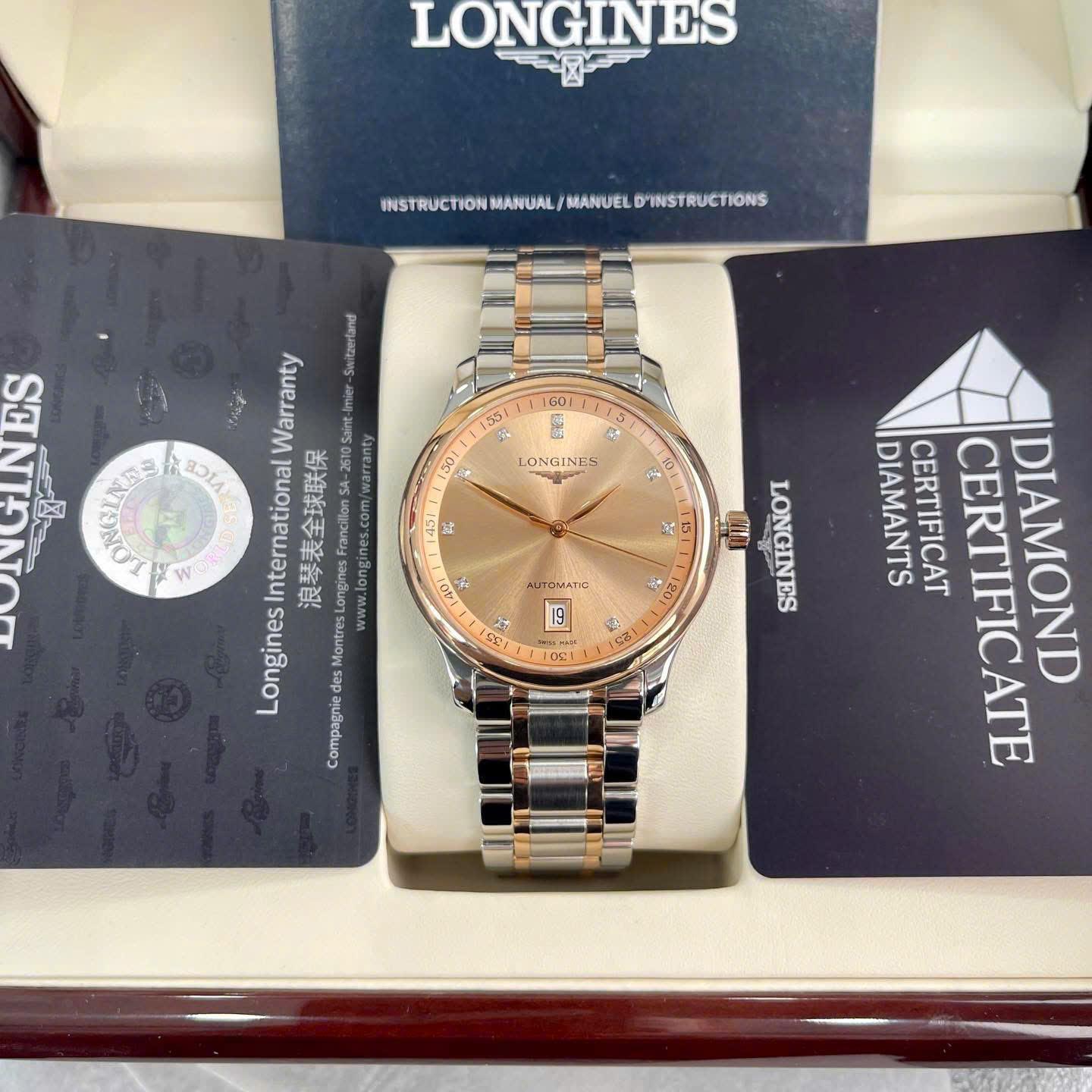Longines Master Diamond Rose Gold Date L2.628.5.99.7 Used – Demi vàng hồng 18K, mặt số cá hồi đính kim cương