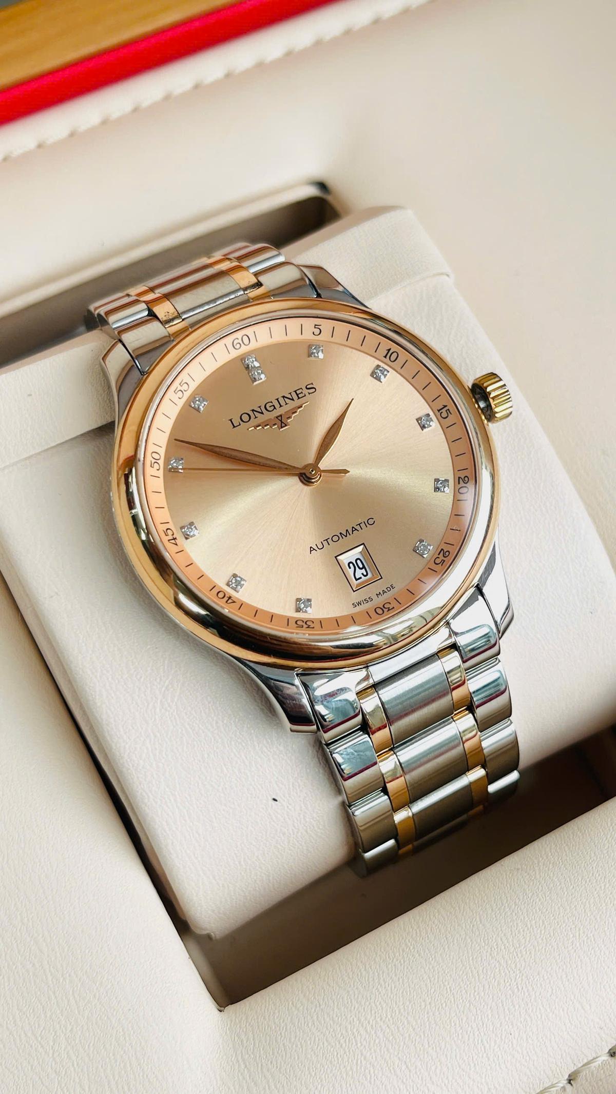 Longines Master Diamond Rose Gold Date L2.628.5.99.7 Used – Demi vàng hồng 18K, mặt số cá hồi đính kim cương