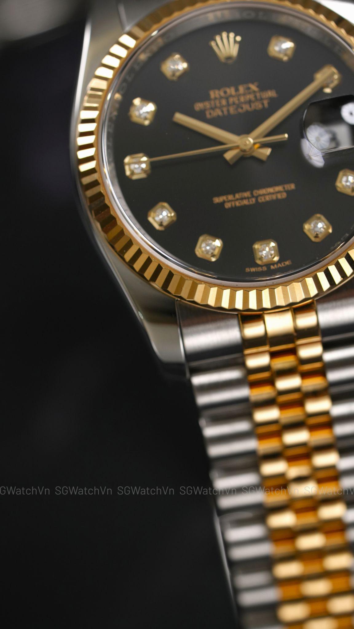 Rolex Datejust 36 116233 Black Diamond – Demi Vàng 18K, Mặt Đen Cọc Kim Cương