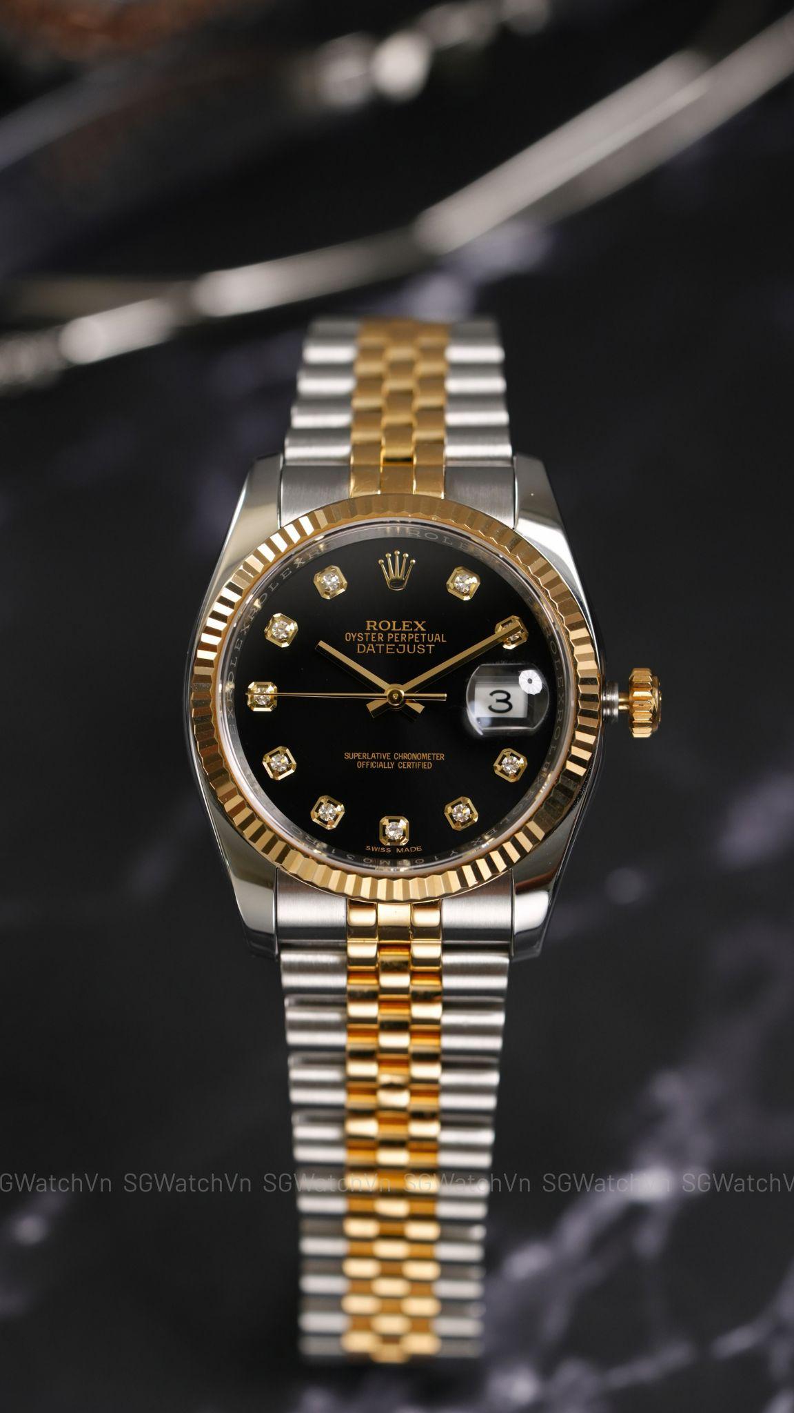 Rolex Datejust 36 116233 Black Diamond – Demi Vàng 18K, Mặt Đen Cọc Kim Cương