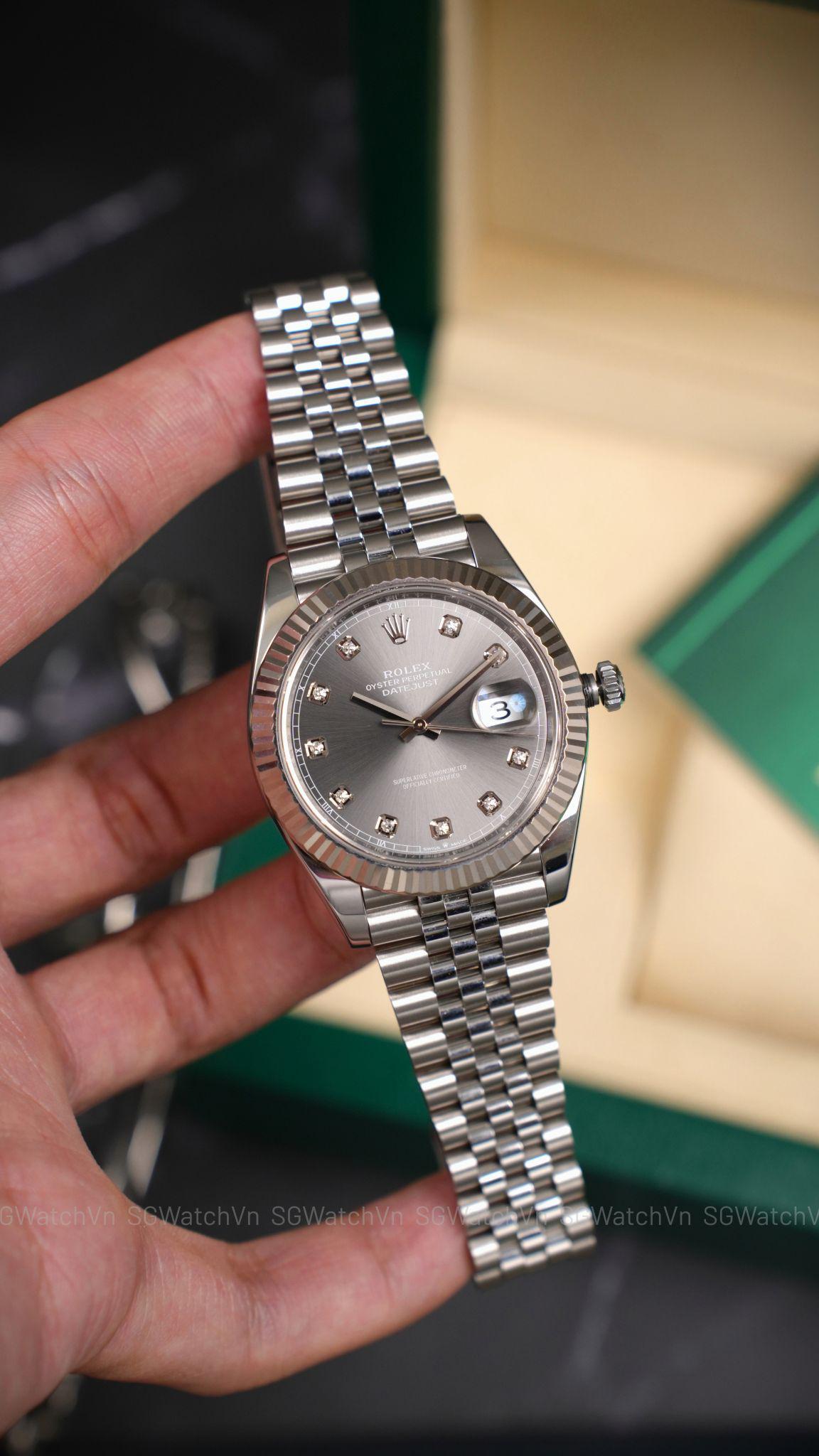 Rolex Datejust 41 126334-0006 Rhodium Diamond – Mặt Xám Cọc Kim Cương, Bezel Vàng Trắng 18K, Dây Jubilee