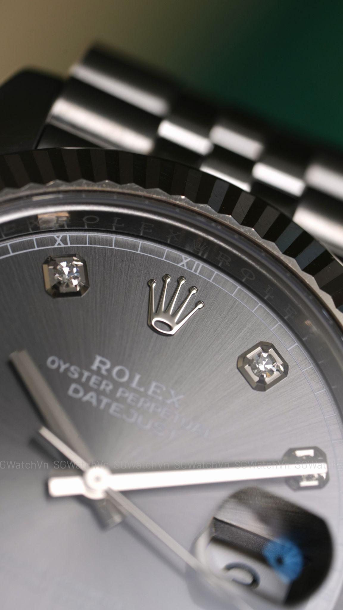 Rolex Datejust 41 126334-0006 Rhodium Diamond – Mặt Xám Cọc Kim Cương, Bezel Vàng Trắng 18K, Dây Jubilee