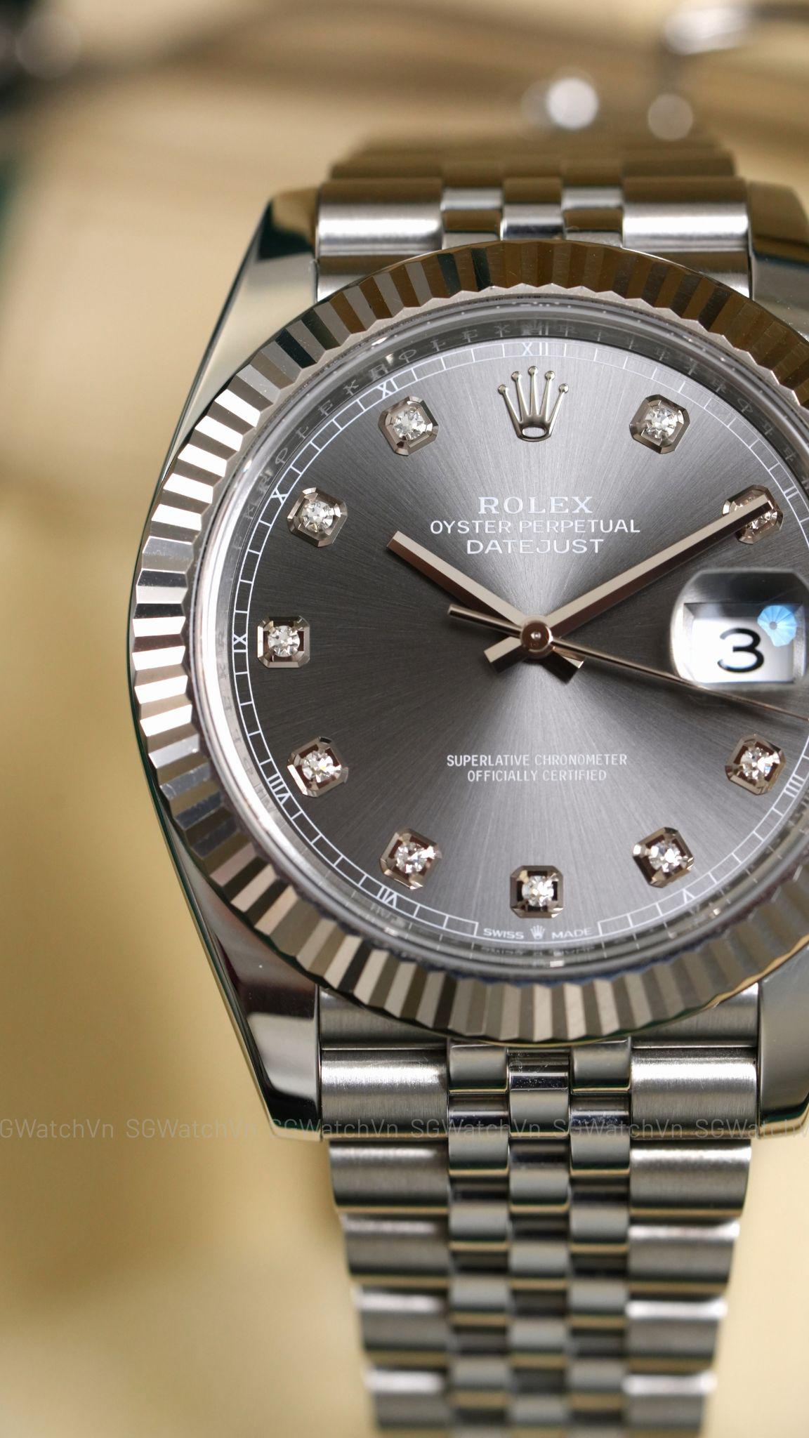 Rolex Datejust 41 126334-0006 Rhodium Diamond – Mặt Xám Cọc Kim Cương, Bezel Vàng Trắng 18K, Dây Jubilee