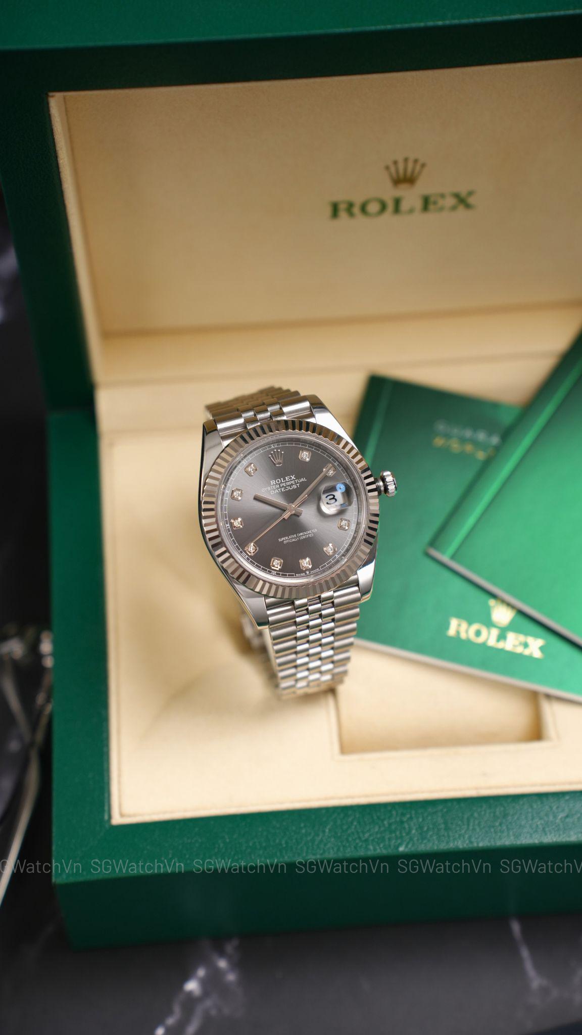 Rolex Datejust 41 126334-0006 Rhodium Diamond – Mặt Xám Cọc Kim Cương, Bezel Vàng Trắng 18K, Dây Jubilee