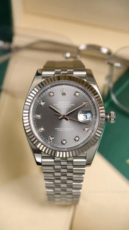 Rolex Datejust 41 126334-0006 Rhodium Diamond – Mặt Xám Cọc Kim Cương, Bezel Vàng Trắng 18K, Dây Jubilee