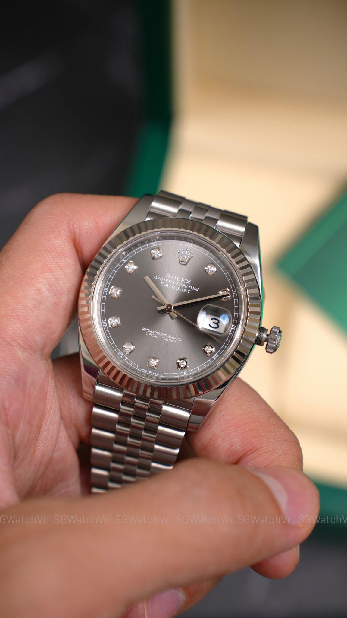 Rolex Datejust 41 126334-0006 Rhodium Diamond – Mặt Xám Cọc Kim Cương, Bezel Vàng Trắng 18K, Dây Jubilee