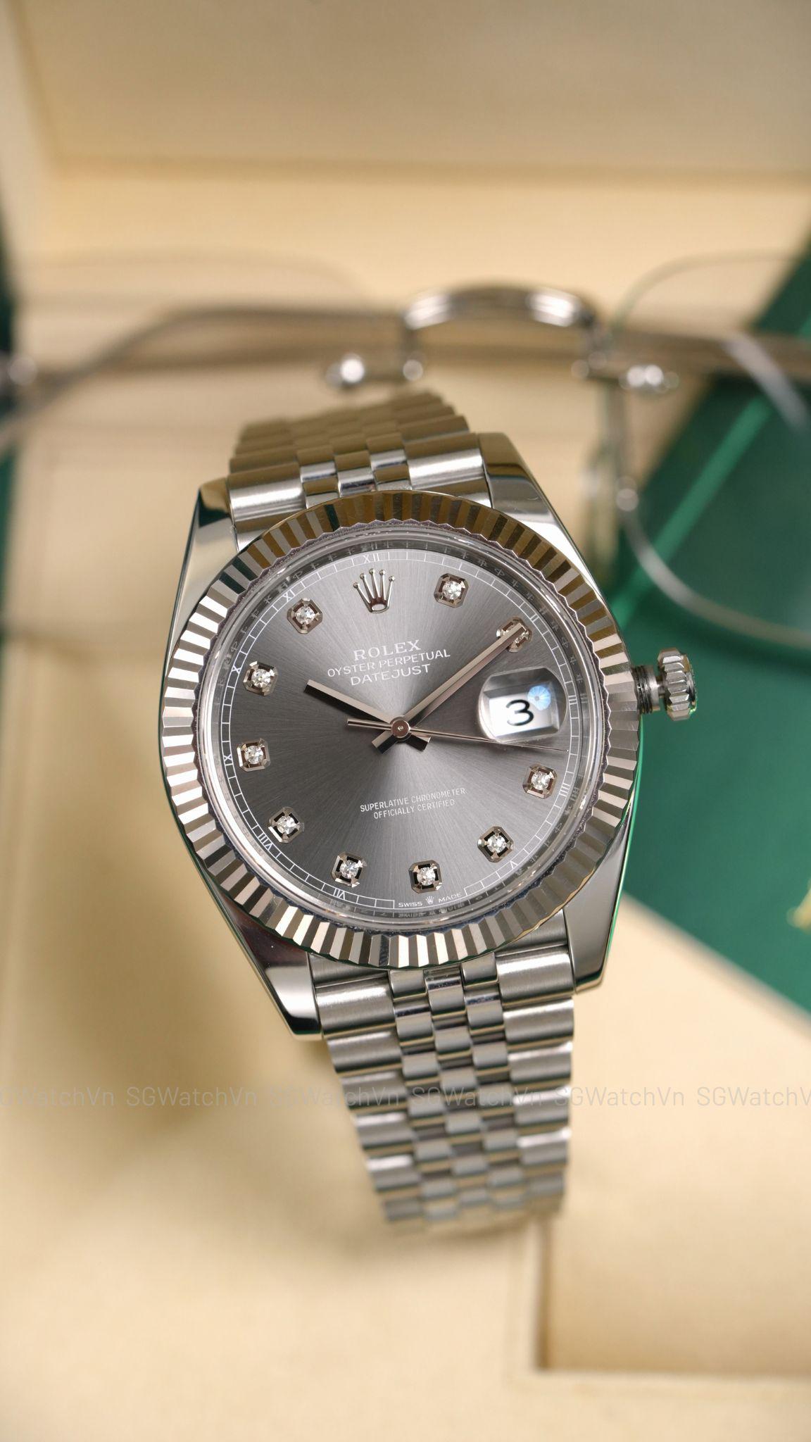 Rolex Datejust 41 126334-0006 Rhodium Diamond – Mặt Xám Cọc Kim Cương, Bezel Vàng Trắng 18K, Dây Jubilee