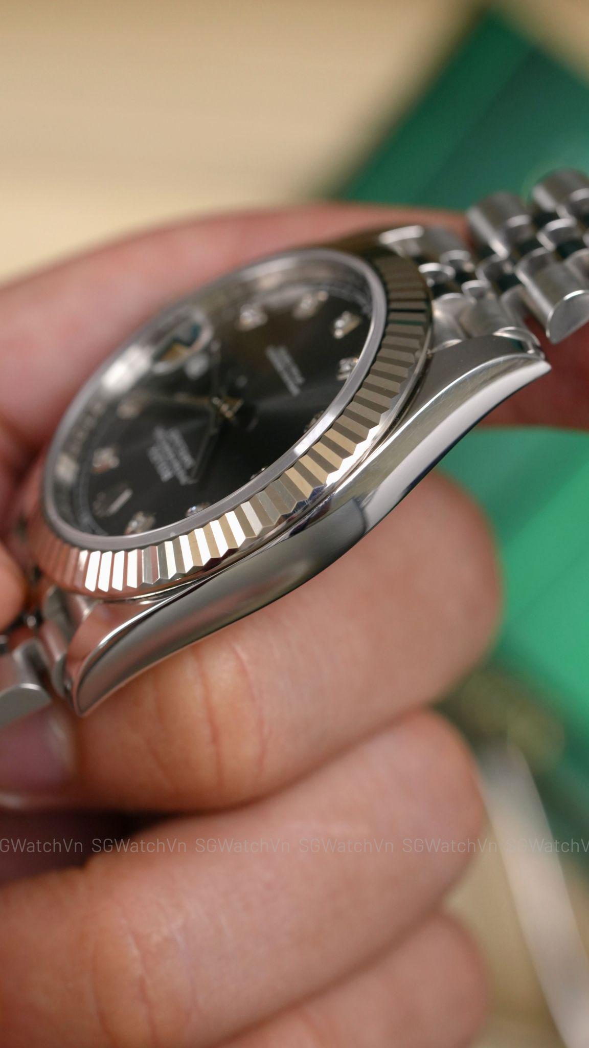 Rolex Datejust 41 126334-0006 Rhodium Diamond – Mặt Xám Cọc Kim Cương, Bezel Vàng Trắng 18K, Dây Jubilee