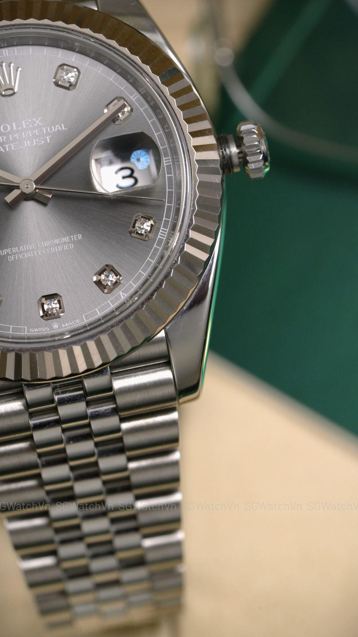 Rolex Datejust 41 126334-0006 Rhodium Diamond – Mặt Xám Cọc Kim Cương, Bezel Vàng Trắng 18K, Dây Jubilee