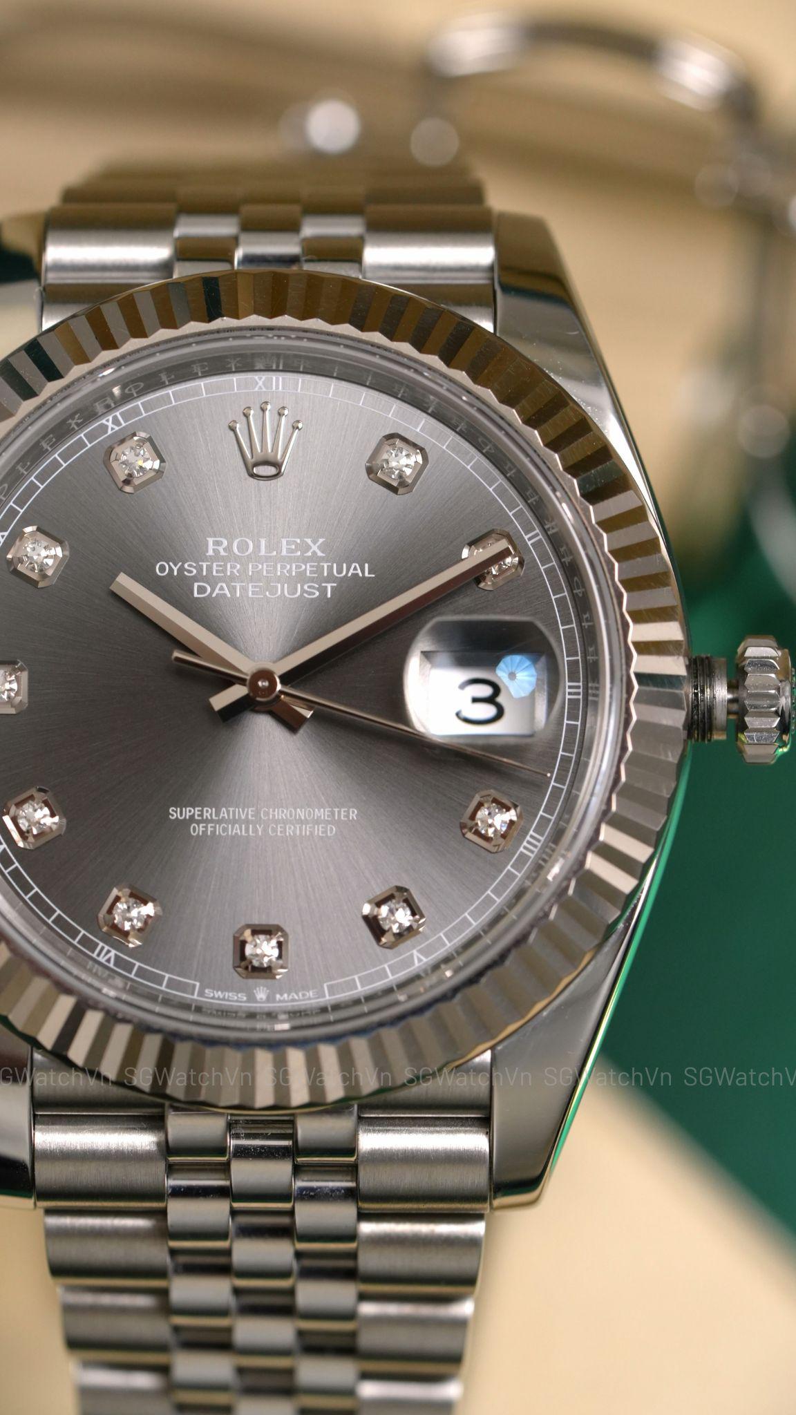Rolex Datejust 41 126334-0006 Rhodium Diamond – Mặt Xám Cọc Kim Cương, Bezel Vàng Trắng 18K, Dây Jubilee