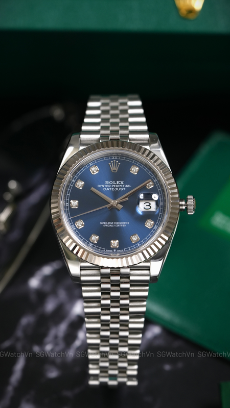 Rolex Datejust 41 126334-0016 Blue Diamond – Mặt Xanh Sunburst Cọc Kim Cương, Bezel Vàng Trắng 18K, Dây Jubilee