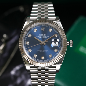Rolex Datejust 41 126334-0016 Blue Diamond – Mặt Xanh Sunburst Cọc Kim Cương, Bezel Vàng Trắng 18K, Dây Jubilee