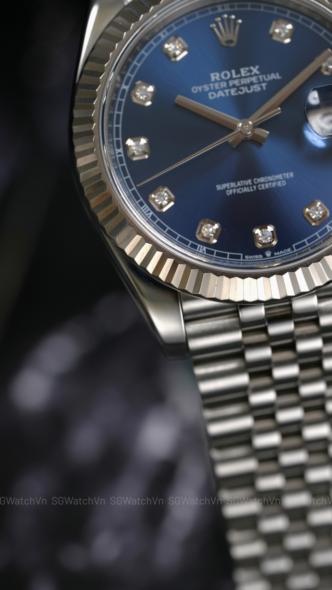 Rolex Datejust 41 126334-0016 Blue Diamond – Mặt Xanh Sunburst Cọc Kim Cương, Bezel Vàng Trắng 18K, Dây Jubilee