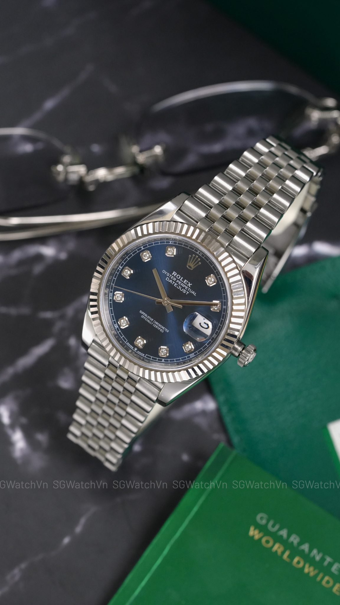 Rolex Datejust 41 126334-0016 Blue Diamond – Mặt Xanh Sunburst Cọc Kim Cương, Bezel Vàng Trắng 18K, Dây Jubilee