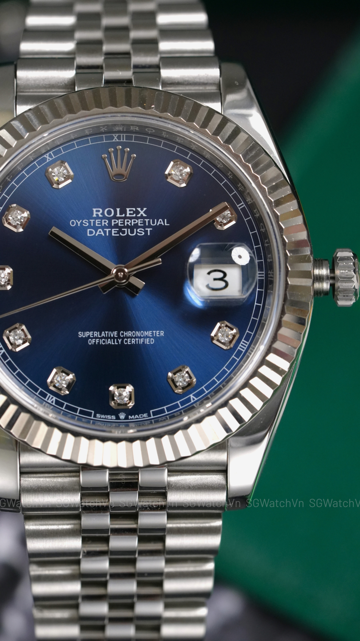 Rolex Datejust 41 126334-0016 Blue Diamond – Mặt Xanh Sunburst Cọc Kim Cương, Bezel Vàng Trắng 18K, Dây Jubilee