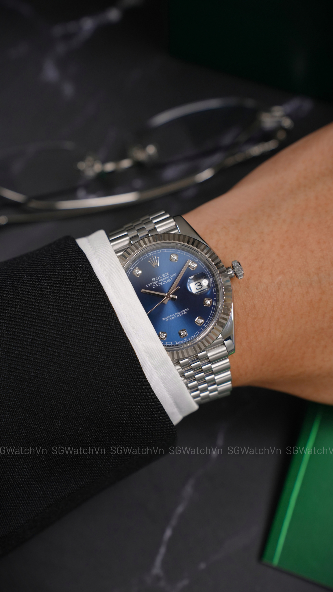 Rolex Datejust 41 126334-0016 Blue Diamond – Mặt Xanh Sunburst Cọc Kim Cương, Bezel Vàng Trắng 18K, Dây Jubilee
