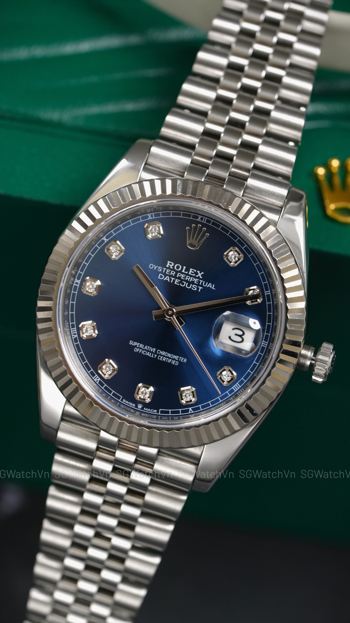 Rolex Datejust 41 126334-0016 Blue Diamond – Mặt Xanh Sunburst Cọc Kim Cương, Bezel Vàng Trắng 18K, Dây Jubilee