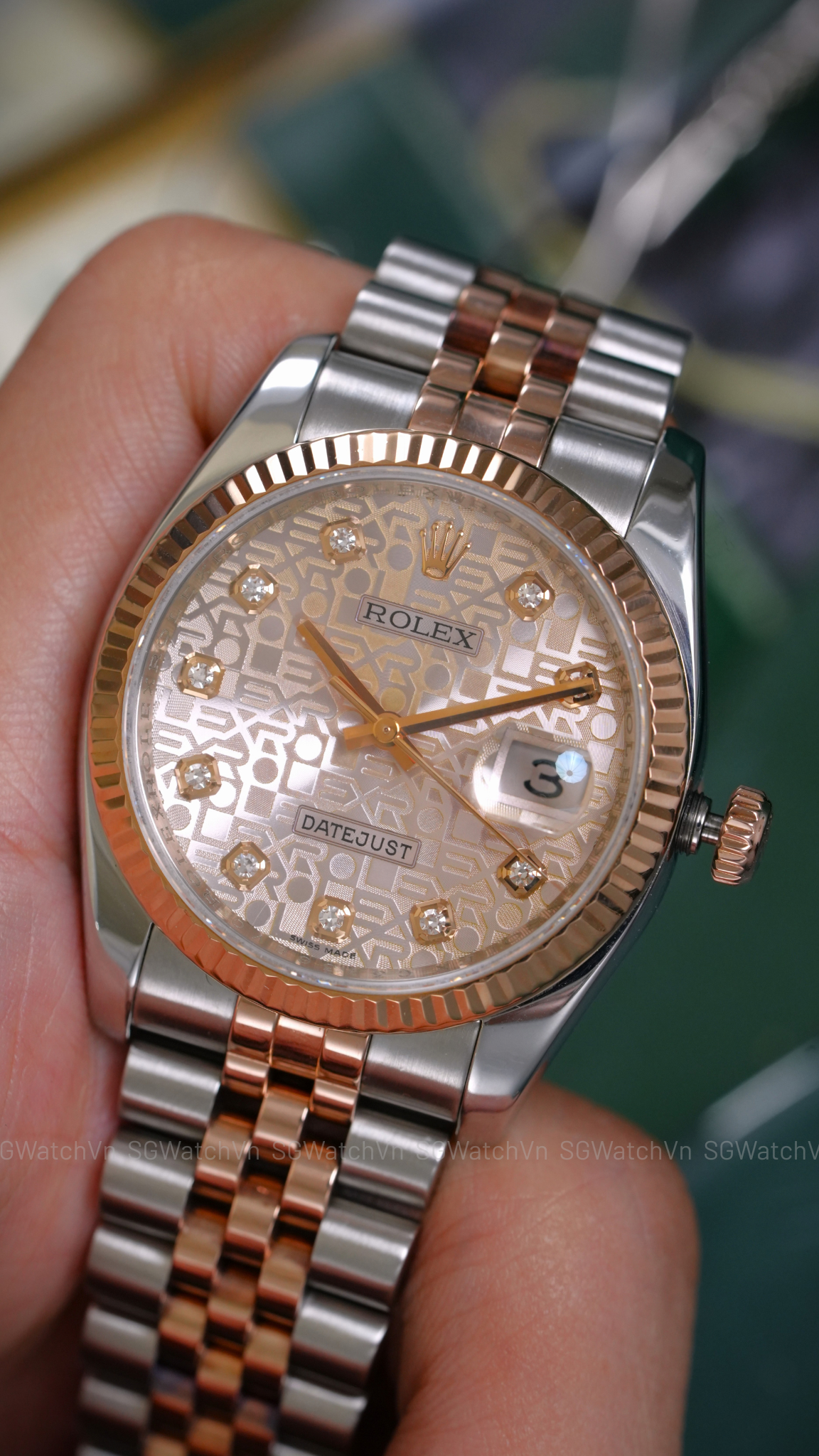 Rolex Datejust 36 116231 Pink Computer Diamond – Demi Vàng Hồng Everose 18K, Mặt Vi Tính Hồng Cọc Kim Cương