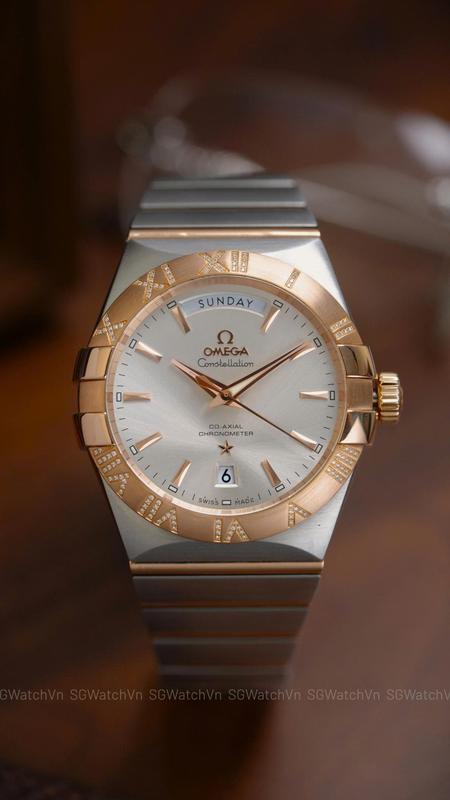 Omega Constellation Co-Axial Day-Date 123.25.38.22.02.001 – 38mm Demi Vàng Hồng 18K, Bezel Kim Cương