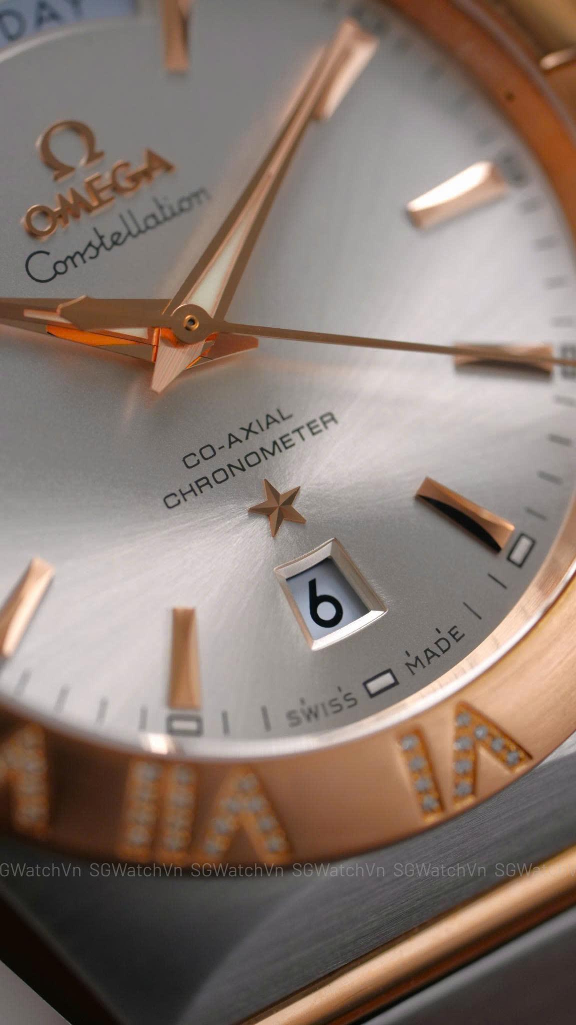 Omega Constellation Co-Axial Day-Date 123.25.38.22.02.001 – 38mm Demi Vàng Hồng 18K, Bezel Kim Cương