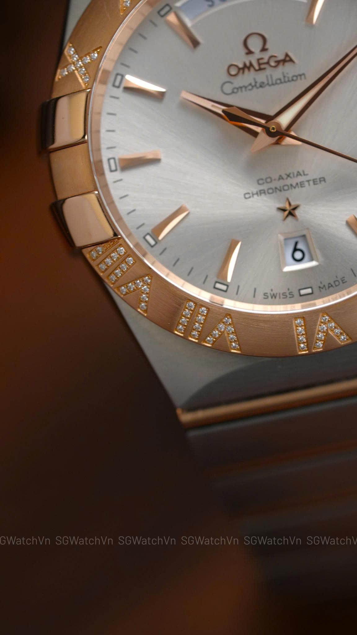 Omega Constellation Co-Axial Day-Date 123.25.38.22.02.001 – 38mm Demi Vàng Hồng 18K, Bezel Kim Cương